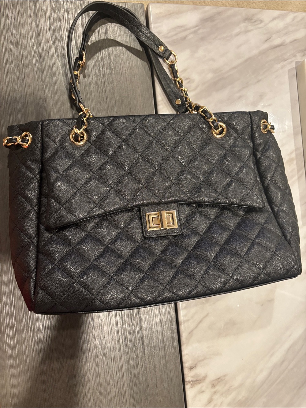 Classic Quilted Black Tote Handbag with Gold Hardware